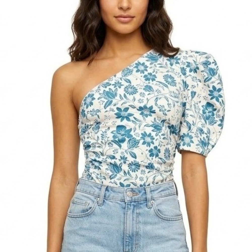 Intimately Free People One Shoulder Puff Sleeve Floral Bodysuit‎ Teal Cream XS